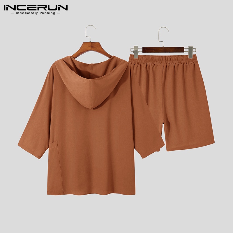Set áo hoodie ngắn tay và quần short dáng rộng INCERUN phong cách thời trang cho nam 3 màu lựa chọn