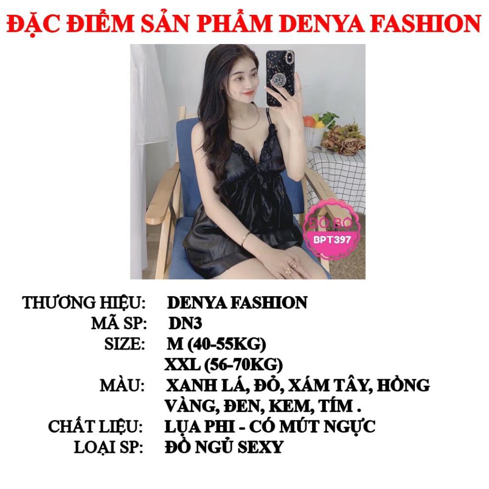 Đồ ngủ sexy 💫  FREE SHIP  💫  Đồ ngủ sexy nữ lụa phi có mút, 2 dây hở lưng, viền bèo quanh ngực, DN3  ཾ