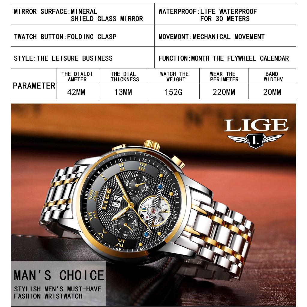LIGE Đồng Hồ Cơ Tự Động Chất Liệu Thép Không Gỉ Cho Nam