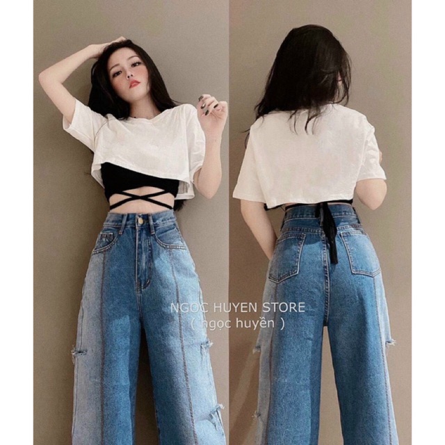 Quần baggy jeans ống rộng, quần bò jean baggy ống rộng lưng cao rách gối phối màu