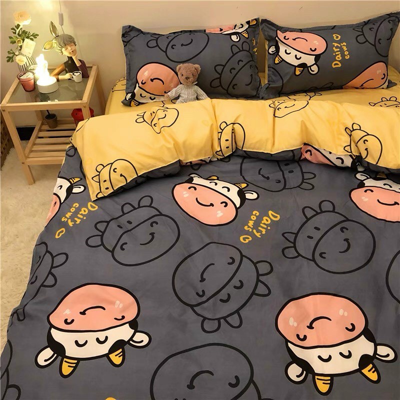 Bộ chăn ga gối drap Cotton Poly Gấu decor đủ mọi kích thước ga giường - những chú bò ngộ nghĩnh