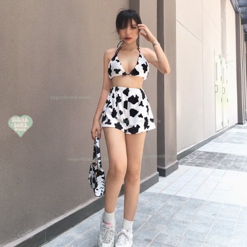 Quần Đùi Nhung Bò Sữa Áo Ngực Bra Đốm Bò Sữa Cột Cổ Chất Nhung Cao Cấp Freesize sugarbomb.mode Cá Tính Năng Động