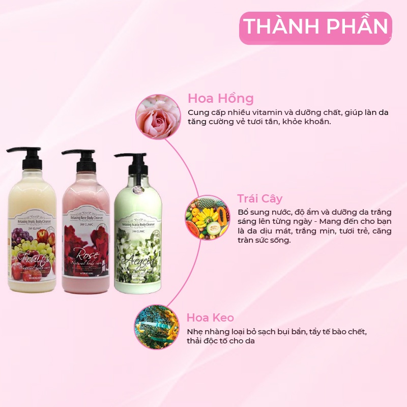 Sữa tắm dưỡng ẩm trắng da 3W Clinic Hàn Quốc cao cấp chiết xuất từ thiên nhiên 1000ml giúp da sạch khuẩn,trắng da