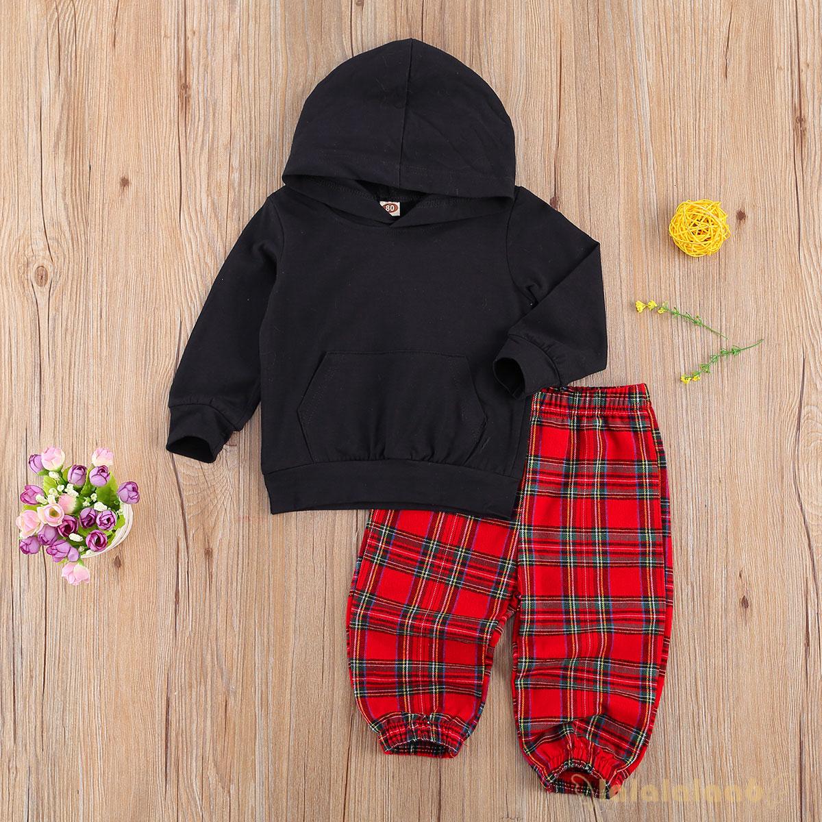 Bộ 2 Món Gồm Áo Hoodie Dài Tay + Quần Dài Sọc Caro Cho Bé Gái