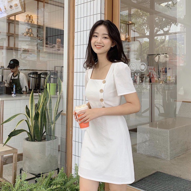 Đầm Cổ Vuông Nút Dừa 3 màu Trắng - Đen - Be | BigBuy360 - bigbuy360.vn