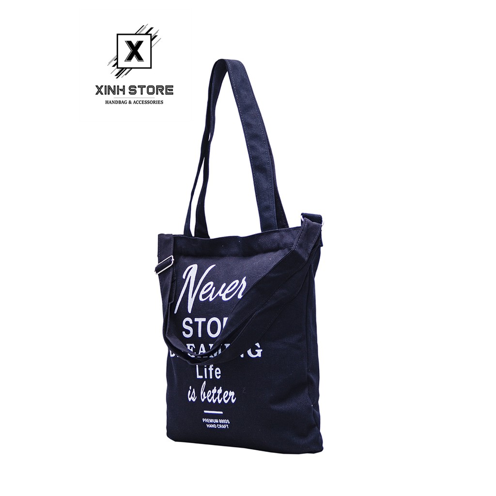 [Mã WABRBAGS giảm 20K đơn 99K] Túi Vải Never Xanh ( Chữ Trắng ) Xinh Store