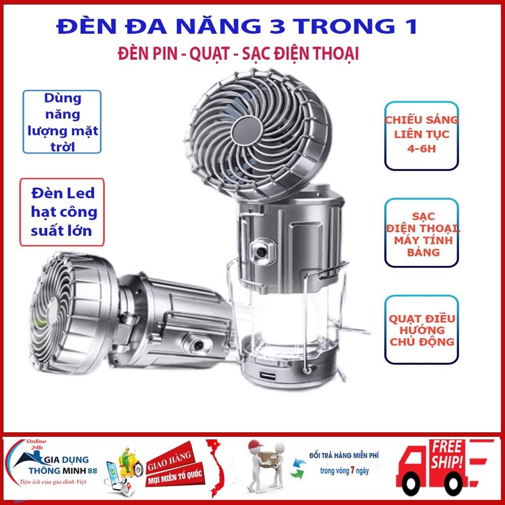 Đèn năng lượng mặt trời kiêm quạt tích điện và sạc điện thoại 3 trong 1 vô cùng tiện lợi đèn Led du lịch, cắm trại