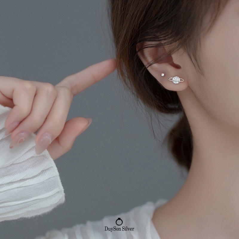 Khuyên tai bạc nữ trái đất mặt trăng, bông tai bạc 925 DUYSON SILVER