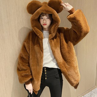 Áo Khoác Lông Thỏ Có Mũ Trùm Đầu Kiểu Dáng Dễ Thương Xinh Xắn Cho Nữ