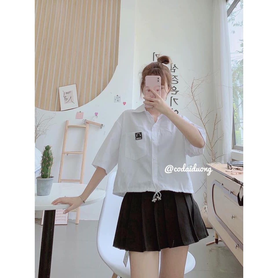 [RẺ VÔ ĐỊCH] Áo Sơ Mi Dây Rút Dáng Ngắn Thêu Logo Túi Ngực Siêu Hot
