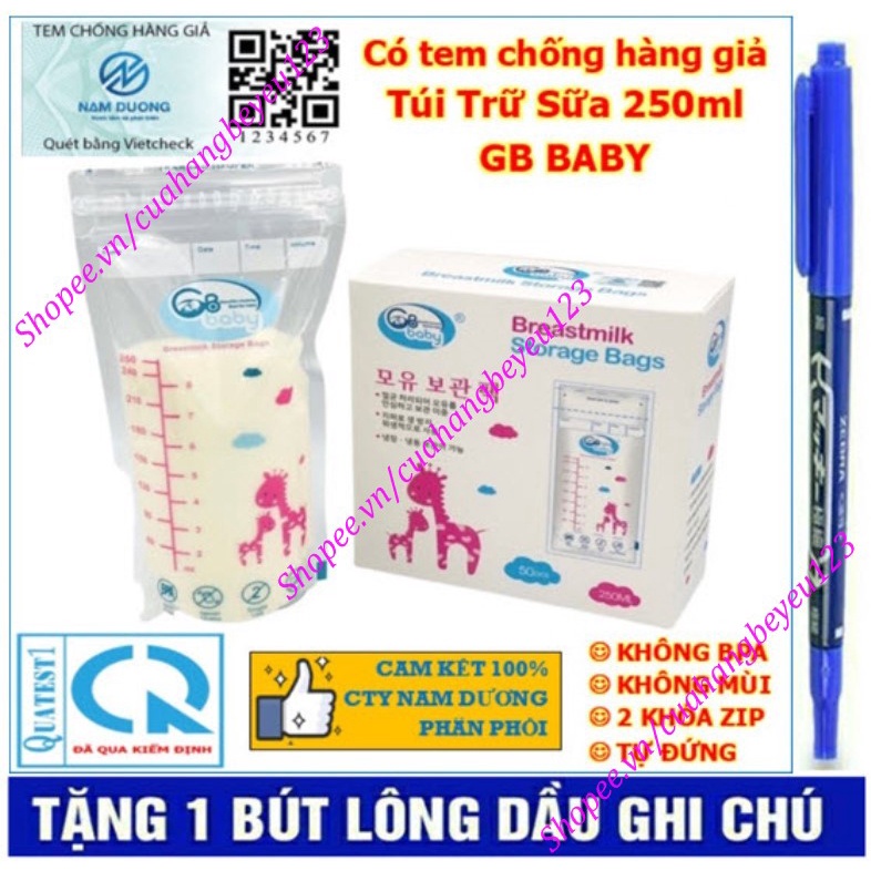 (Tặng bút ghi thông tin) Hộp 50 túi trữ sữa mẹ 250ml GB Baby G50 (Công nghệ Hàn Quốc)