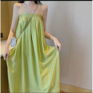 Đầm dây đũi lụa xanh min dáng maxi
