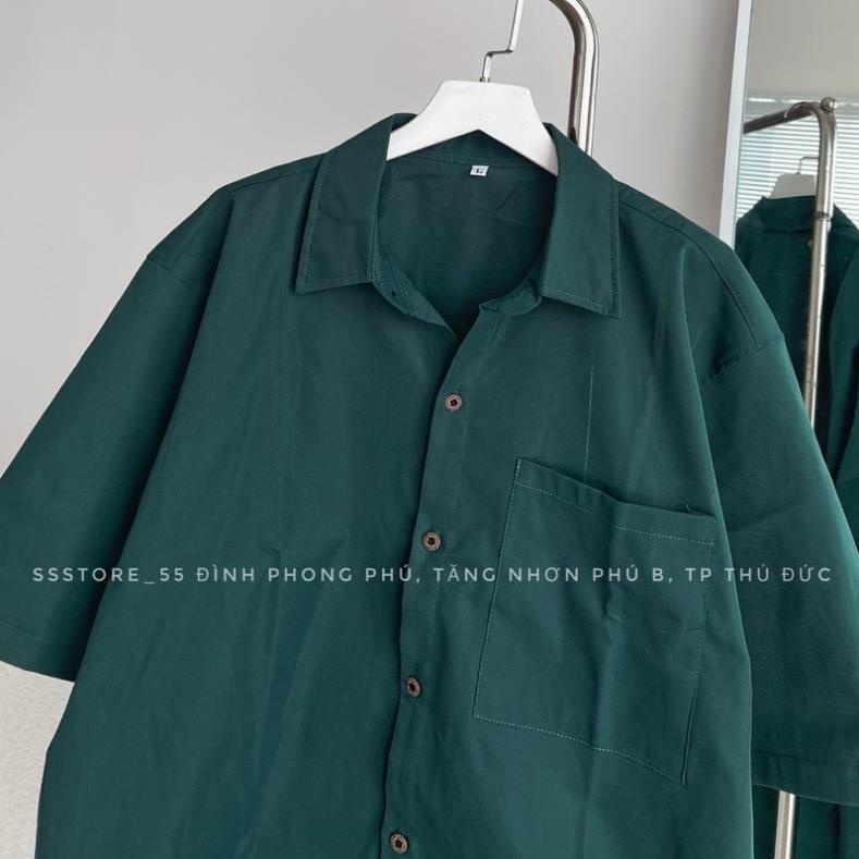 Áo Sơ Mi Tay Ngắn Trơn 1 Túi Màu Xanh Unisex