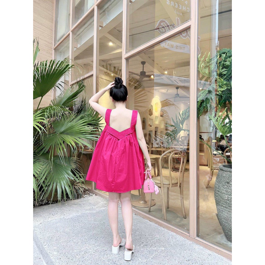 [8.8 Sales Freeship] Đầm babydoll 2 dây bản to dáng xòe, đầm lụa chéo hở lưng cổ vuông đi biển, sống ảo siêu xinh