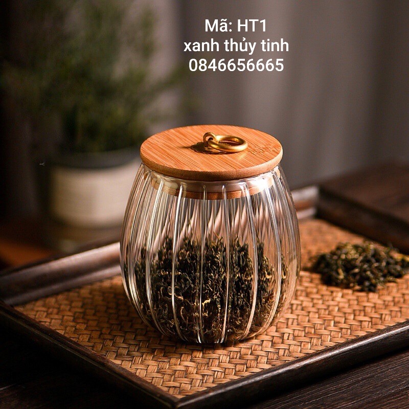 Hũ thuỷ tinh sọc nắp gỗ đựng trà, bánh kẹo, đồ khô dung tích 800ml - HT1