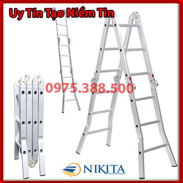 Thang nhôm gấp 4 đoạn cao chữ A 2,3m duỗi thẳng 4,7m