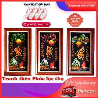Tranh thêu Phúc Lộc Thọ thuyền
