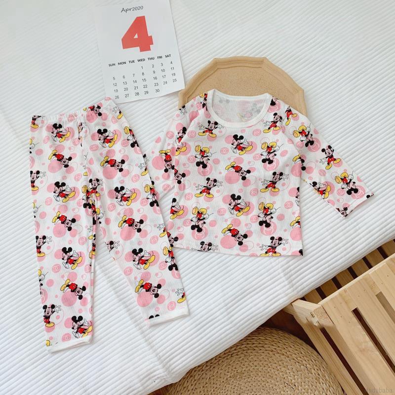 Set áo thun dài tay cổ tròn + quần dài họa tiết dễ thương thời trang cho trẻ em