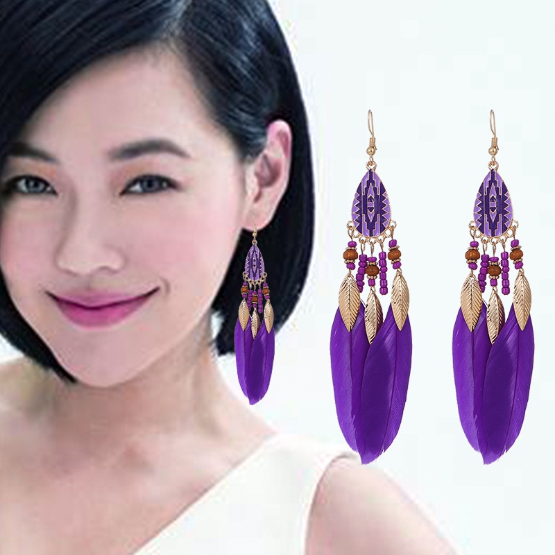 Bông Tai Dáng Dài Phối Lông Vũ Phong Cách Bohemian Thời Trang Mùa Hè Xinh Xắn Cho Nữ