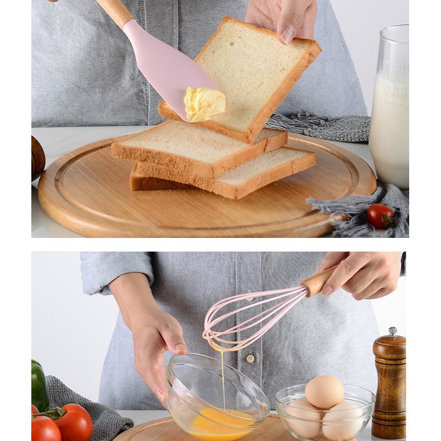 1 Xẻng Nấu Ăn Bằng Silicone Chống Dính Tay Cầm Gỗ Màu Hồng