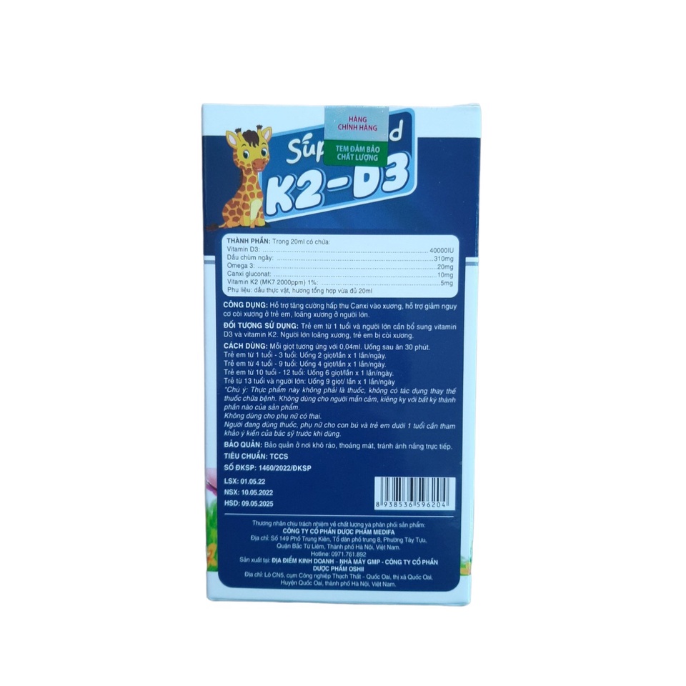 Supergood K2 d3 omega 3 giúp xương chắc khỏe, bổ não cho bé Lọ 20ml