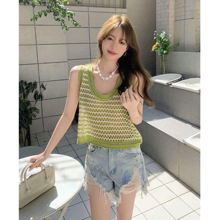 Porozi  Áo croptop sát nách  dệt kim kẻ sọc thời trang cho nữ 4 màu tự chọn