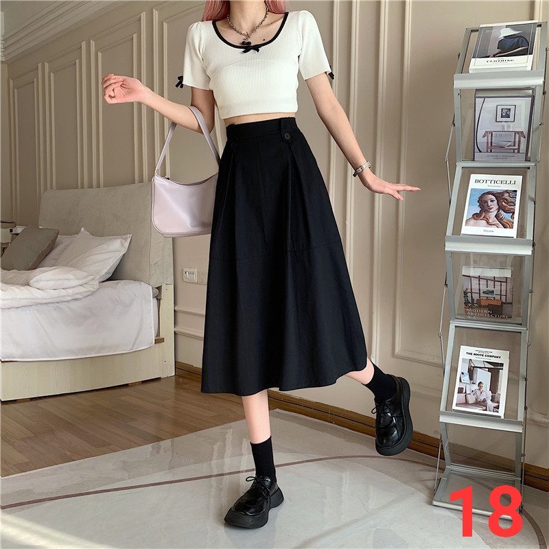 Chân váy Ulzzang dáng dài, chân váy midi form xoè xếp ly eo bản to đính nút kiểu mẫu mới nhất
