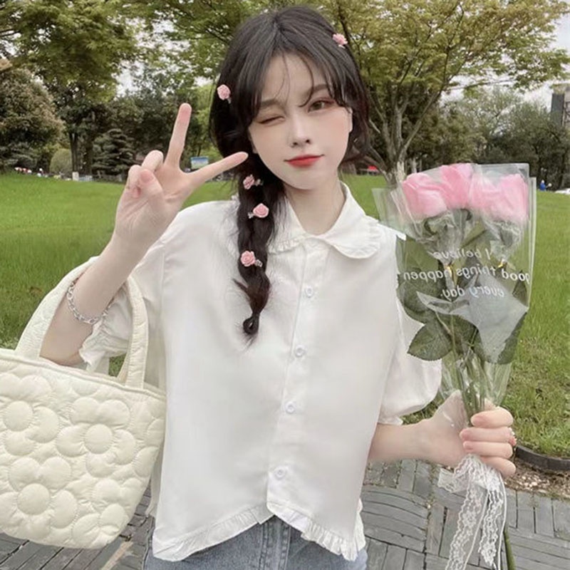 Áo IELGY tay phồng ngắn cổ búp bê phối bèo ngọt ngào cho nữ