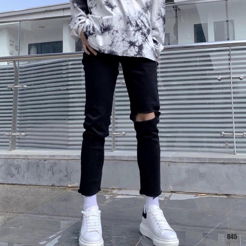 Quần Jean Nam Skinny Rách Gối Màu Đen Vải Co Giãn Nhẹ Không Phai Màu From Dáng Trẻ Trung - 845 !