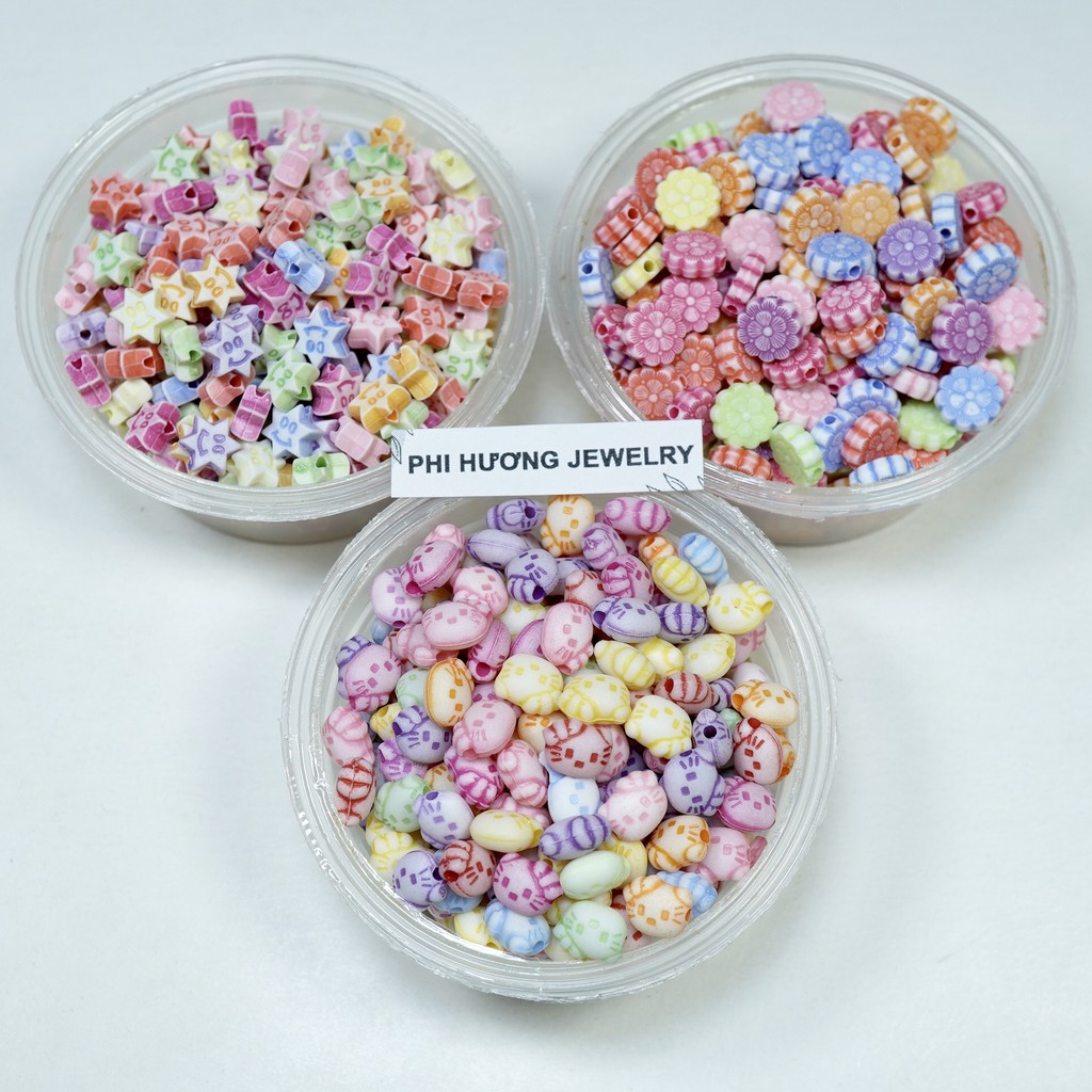 Gói 10-25gr hạt cườm nhựa xỏ vòng nhiều hình dạng nhiều màu sắc