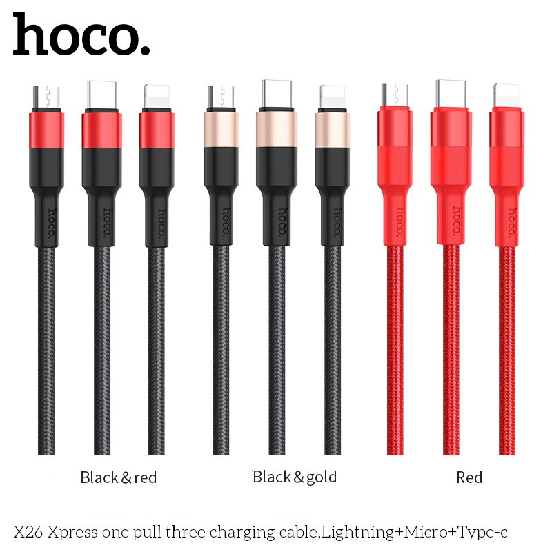 Dây cáp sạc Hoco 3 đầu bọc dù cao cấp dây cáp sạc điện thoại 3 trong 1 Lightning Micro TypeC tiện lợi Phặn Phặn