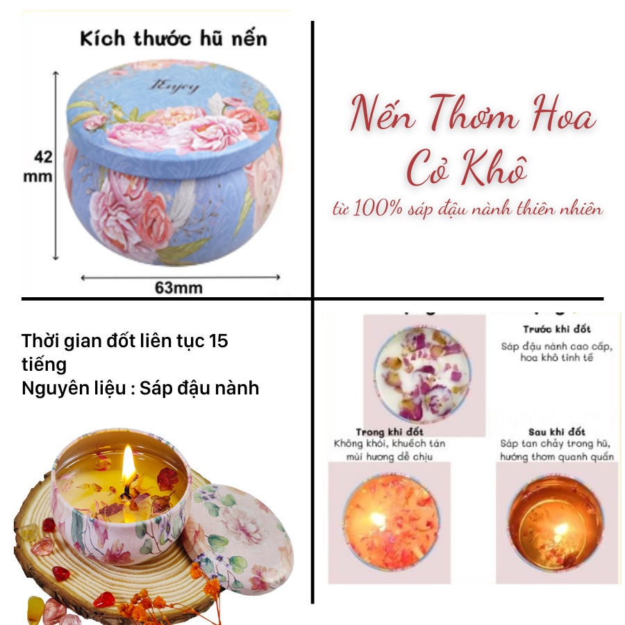 Nến Thơm Hoa Khô Tinh Dầu Cốc Thiếc MESMERIC Sáp Đậu Nành Organic Làm Quà Tặng