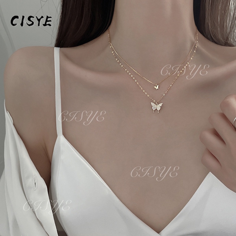 Dây chuyền hai lớp mặt hình bướm đính đá zircon không gây dị ứng cho nữ