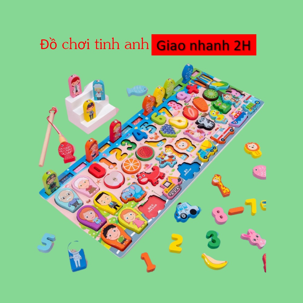 Đồ chơi gỗ 5in1 - 63 chi tiết chữ số, câu cá,nghề nghiệp, trái cây, con vật, giao thông,gia đình
