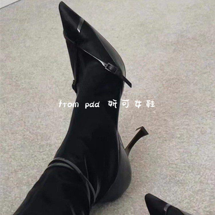 Giày Bốt Cao Gót Da Bóng Mỏng Mũi Nhọn Đính Nơ Kiểu Retro Thời Trang Mùa Đông 2022