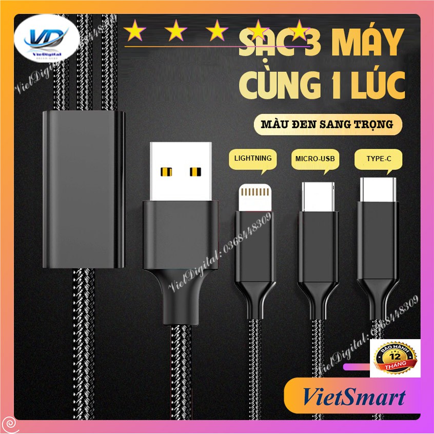 Dây sạc thường 3 đầu iPhone, Android, Type C, Dây Sạc 3 trong 1 đa năng. Bảo hành 6 tháng, lỗi 1 đổi 1 trong 30 ngày.