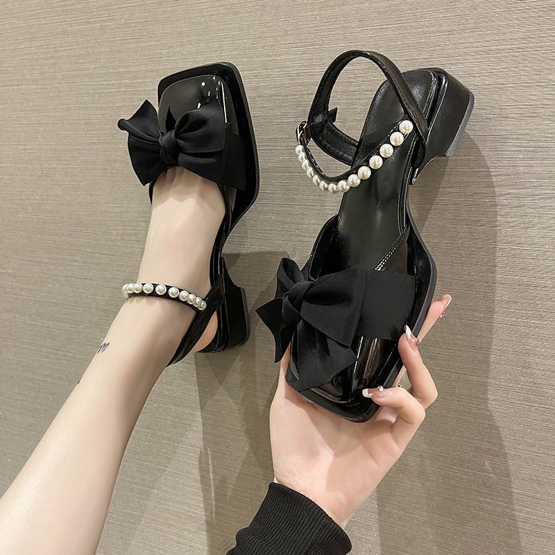 Giày Sandal Mũi Vuông Đính Nơ Và Ngọc Trai Nhân Tạo Phong Cách Mùa Hè Hàng Mới Dành Cho Bạn Nữ
