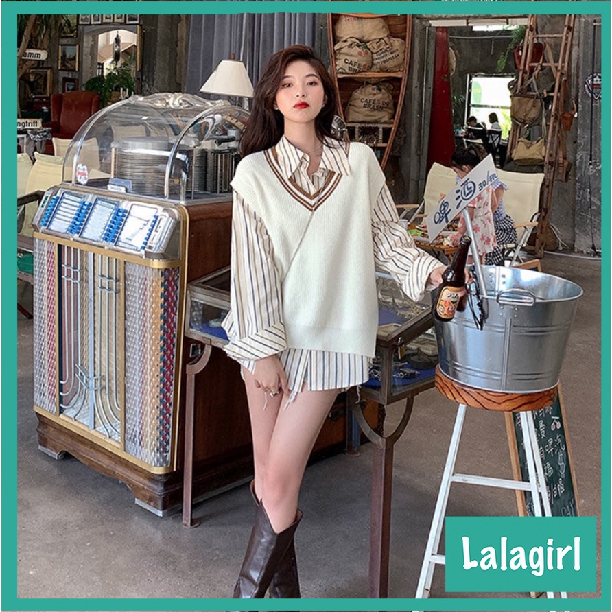Áo Gile Len Nữ Thun Gân Cổ V Phối Viền, Gile Trơn Dáng Suông