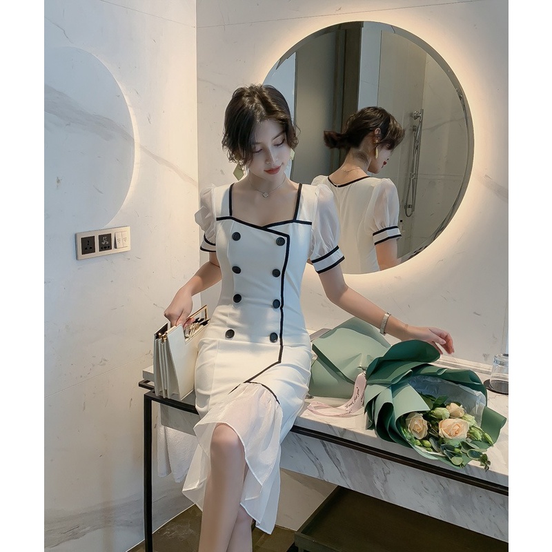 ZYHT Đầm Cổ Vuông Dáng Chữ A Cài Nút Thời Trang Hàn Quốc Cho Nữ váy dạ hội 1975