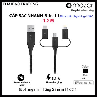 Cáp sạc nhanh siêu bề 3 trong 1 Lightning - USB-C - Micro USB, công suất sạc 3.1A được bọc nylon