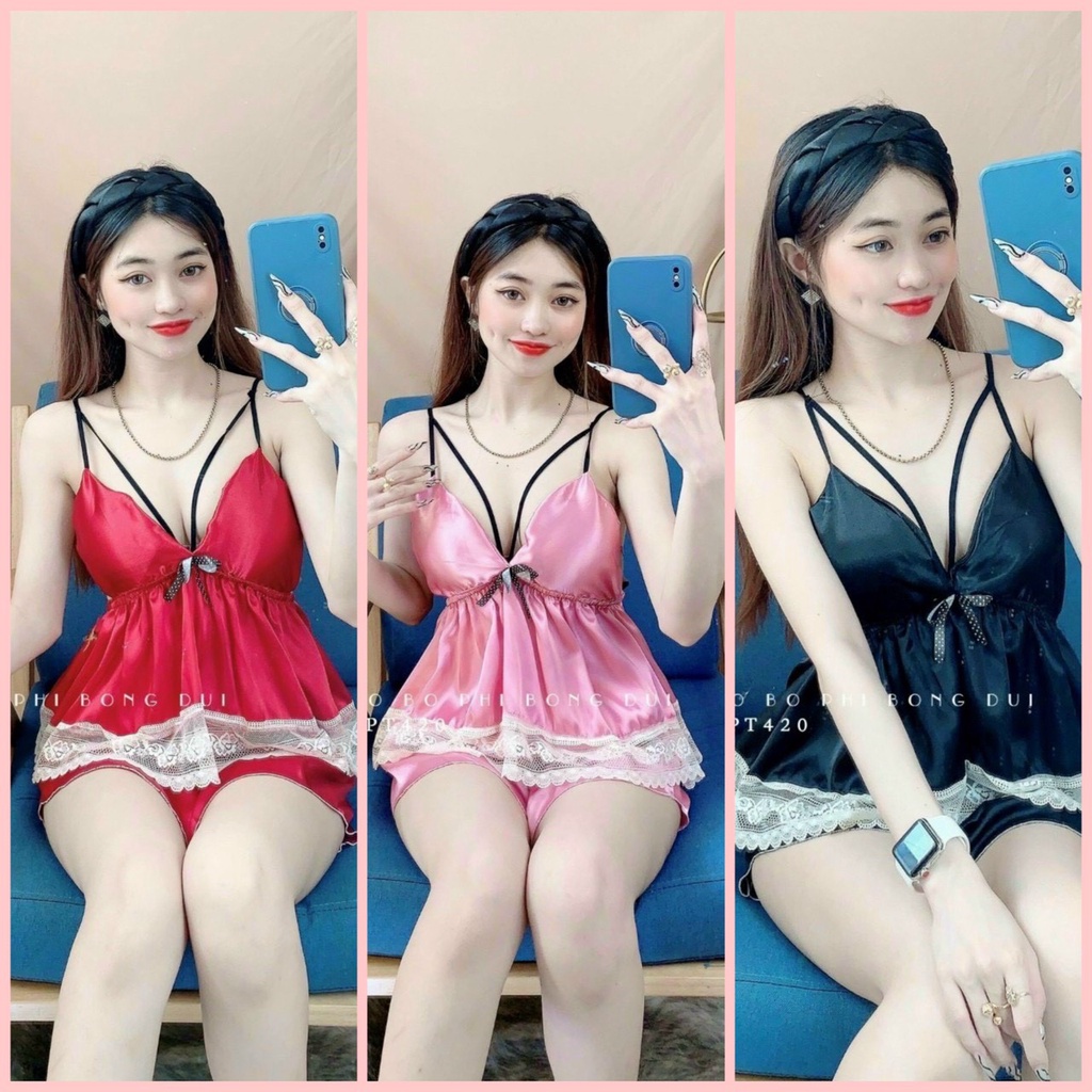 🍒🍒Set đồ ngủ 2 dây 🍒🍒áo phối ren gợi cảm sexy phi lụa