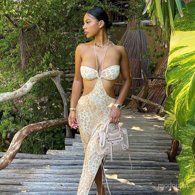 Thời Trang Đầm Hai Dây Họa Tiết Da Báo Xẻ Tà Cao Quyến Rũ Cho Nữ