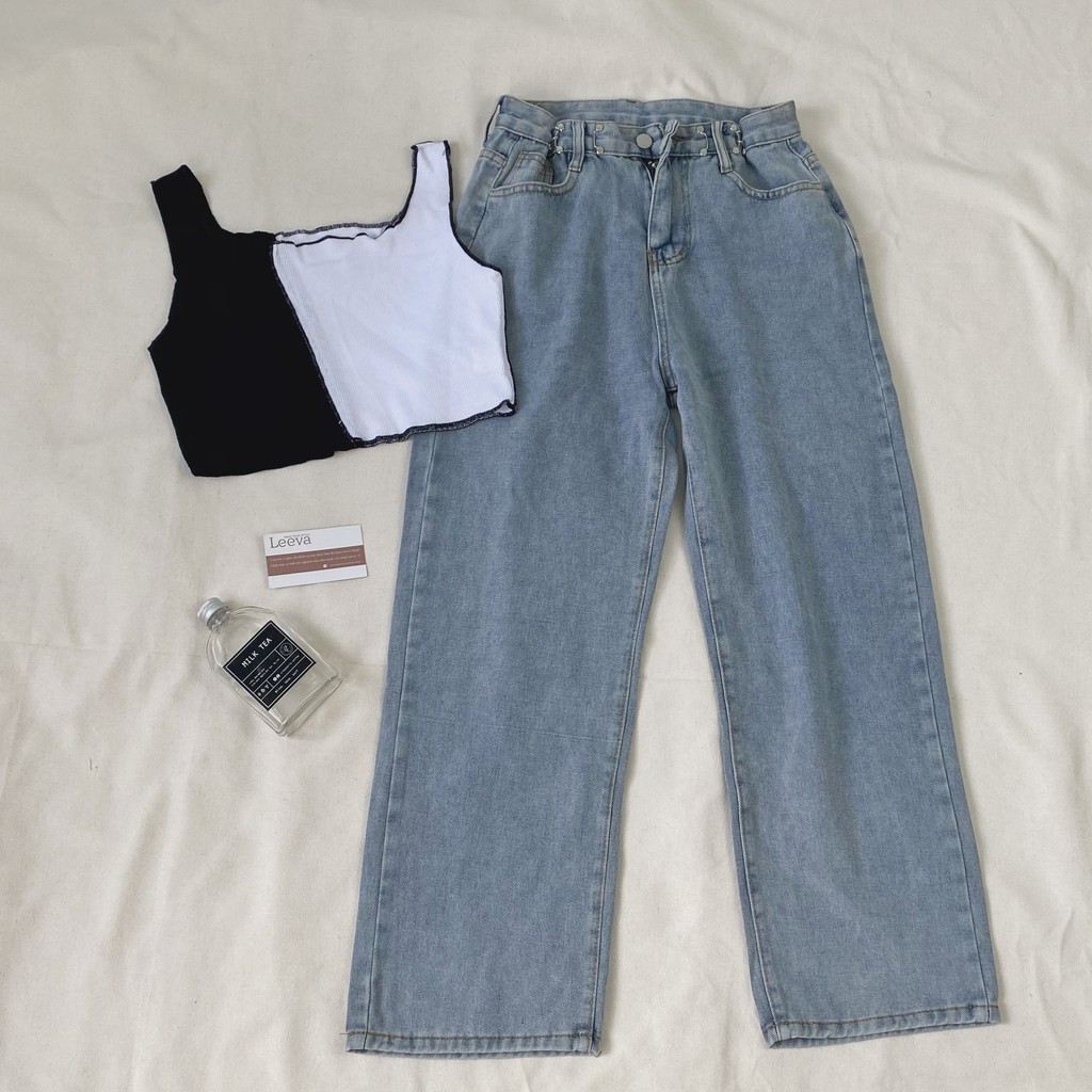 LEEVA - Quần jeans dài nữ ống rộng nút cài eo Q032