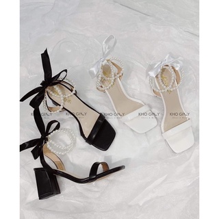 Sandal quai ngọc thắt nơ gót vuông
