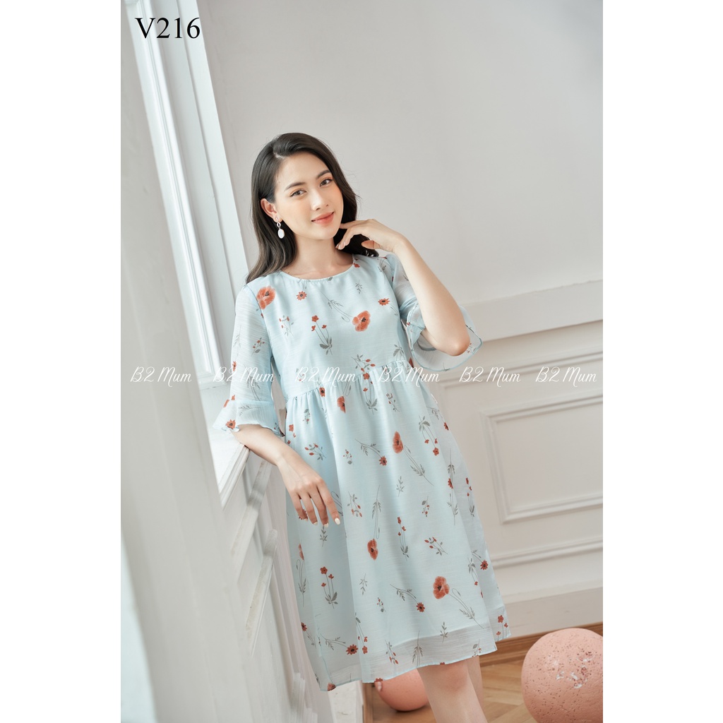Váy bầu dáng baby doll 2 lớp tay bèo họa tiết siêu xinh B2 Mum V216