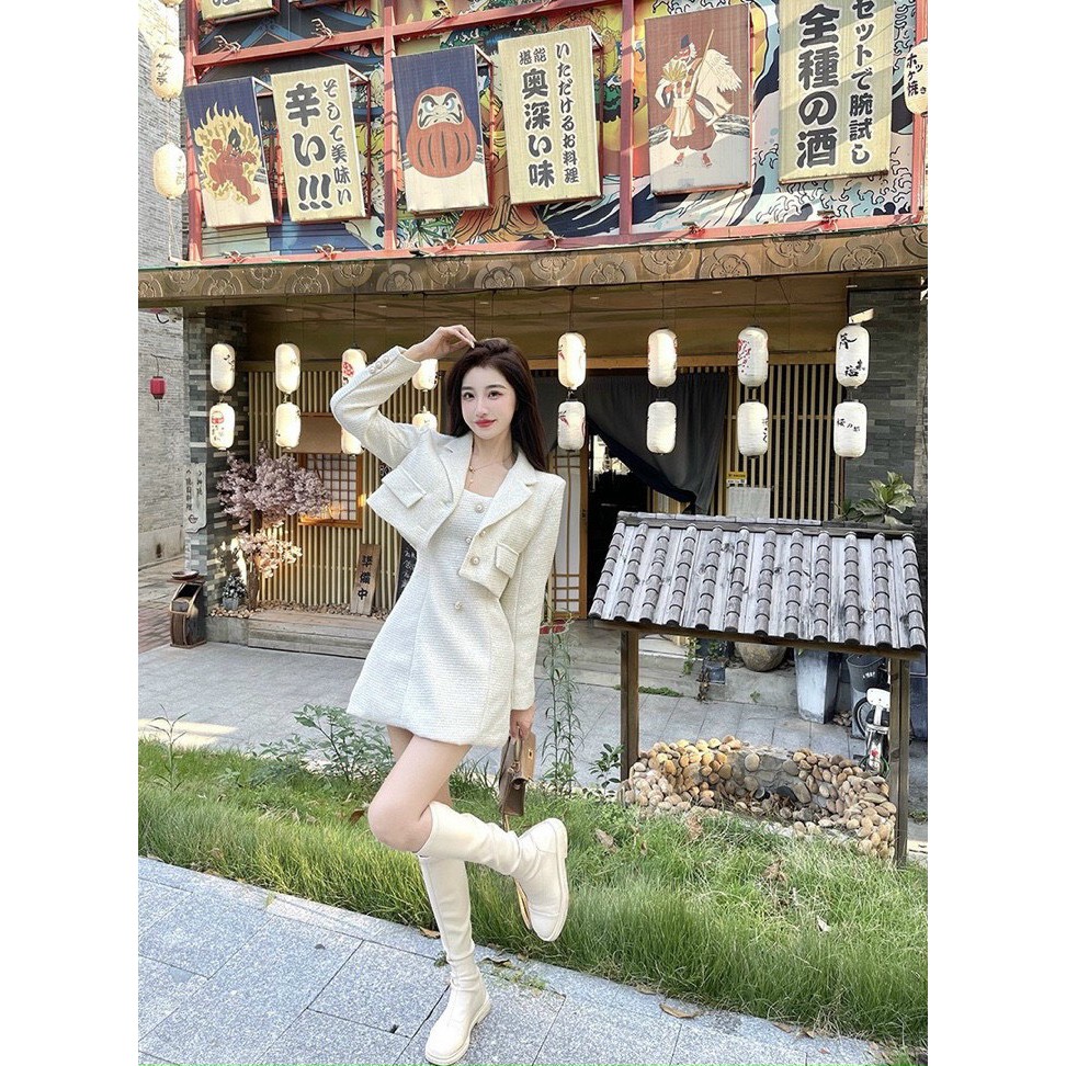 Set đầm áo khoác, đầm nữ 2 dây kèm áo khoác croptop đính nút phong cách trẻ trung hiện đại hàng cao cấp Tây Thi Shop | BigBuy360 - bigbuy360.vn