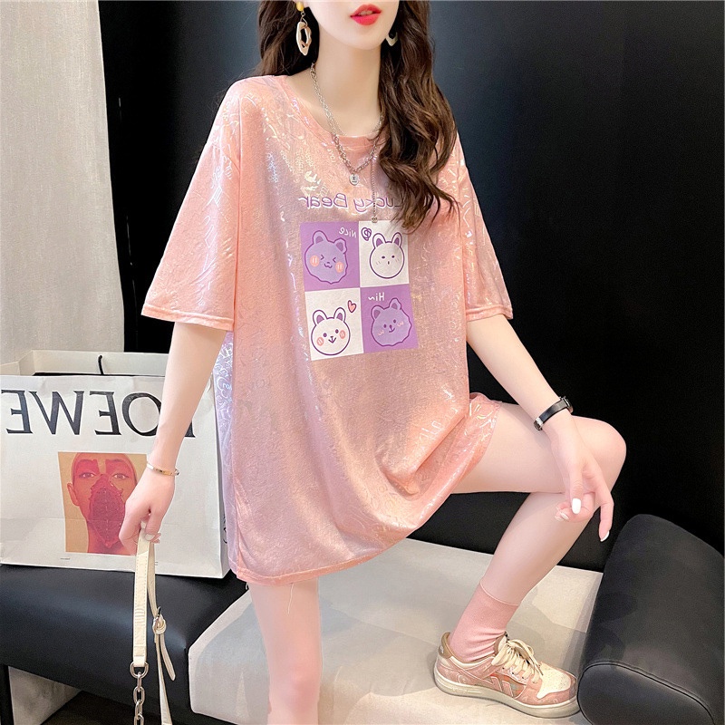 Áo Thun Lụa Lạnh Mỏng Dáng Rộng Tay Ngắn Thời Trang Mùa Hè Mới Cho Nữ