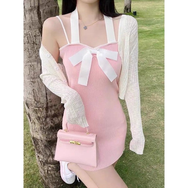 set váy yếm len nơ kèm khoác mỏng (2028#)