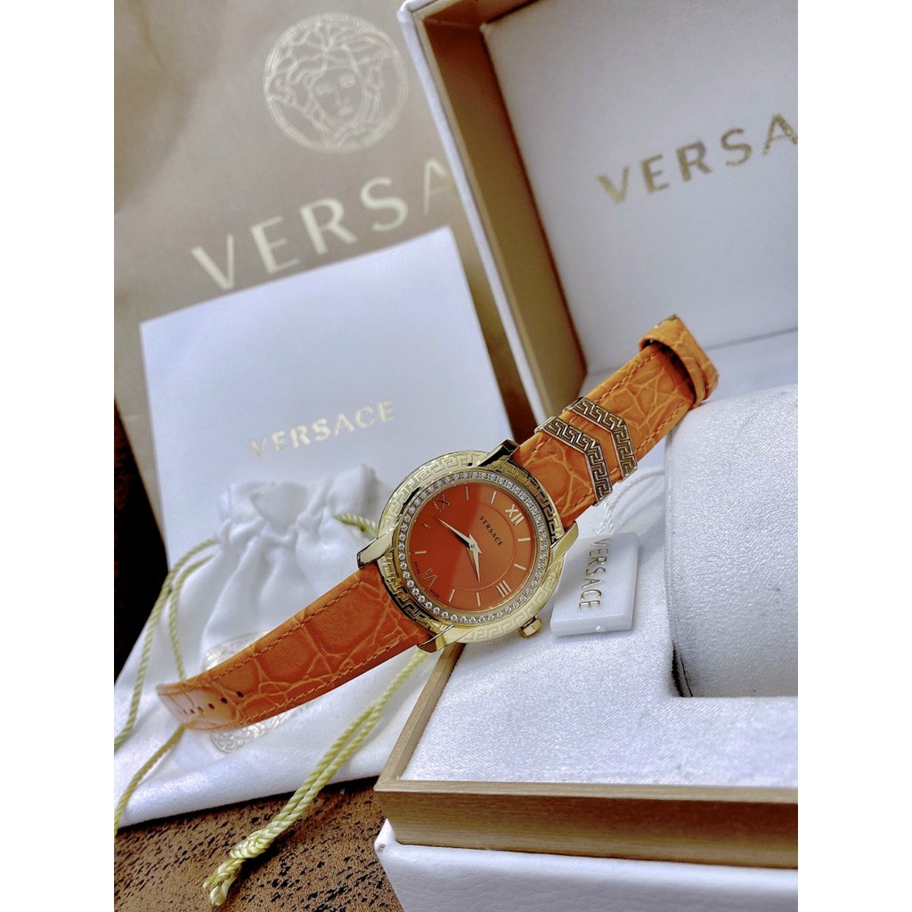 Đồng hồ nữ authentic VERSACE full box, đồng hồ dây da chính hãng, thiết kế màu cam siêu đẹp, cao cấp cho chị em phụ nữ