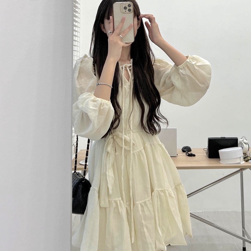 Váy babydoll dáng ngắn, váy đầm nữ dài tay tầng 2 lớp voan tơ xước freesize phom suông thắt eo hàn quốc C1092